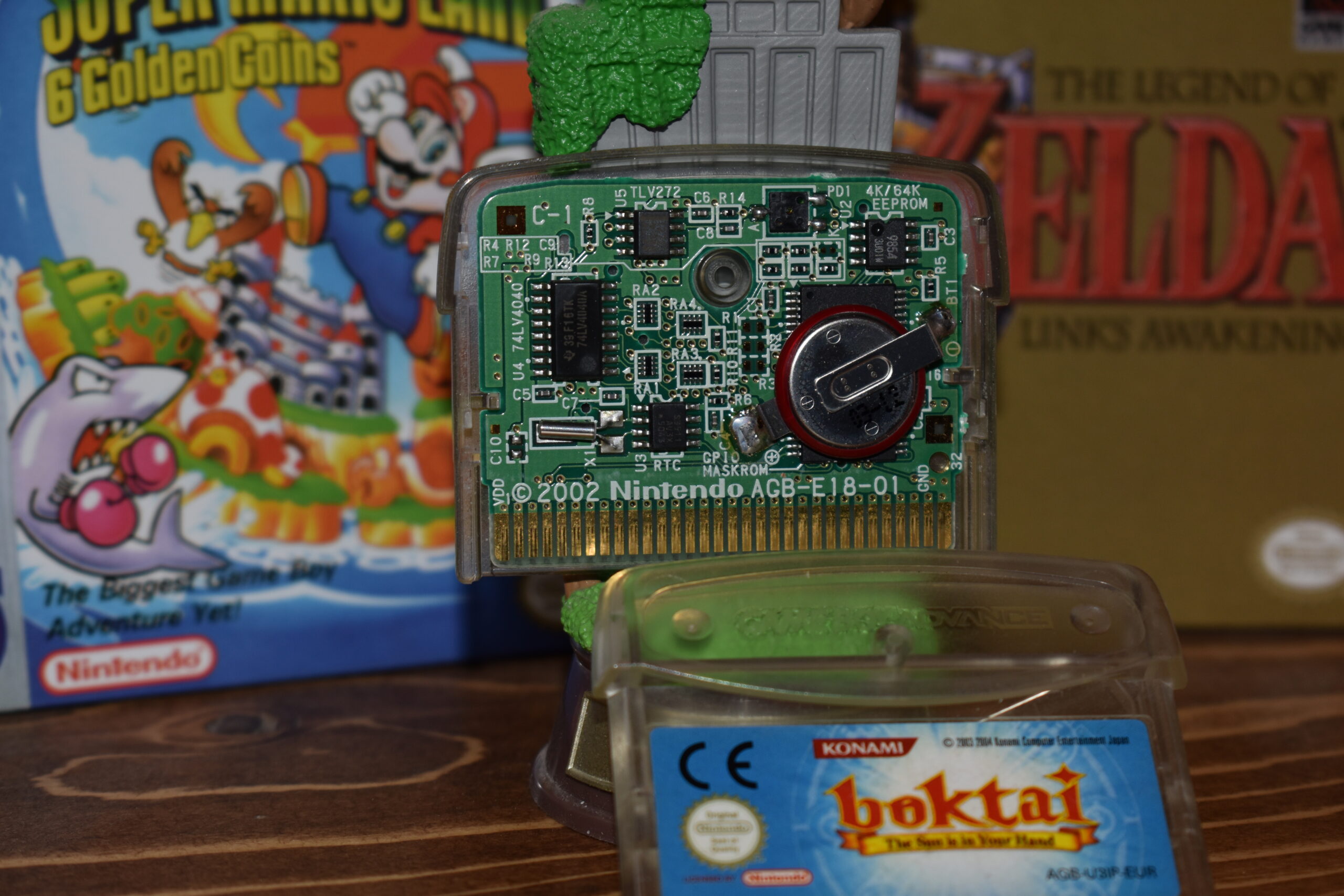 Boktai PCB with a real time clock chip and a voltage comparator.