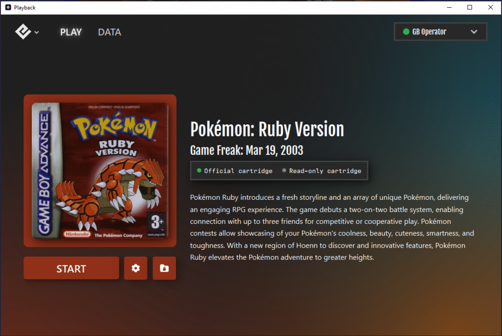 The cartridge info screen of the Playback software