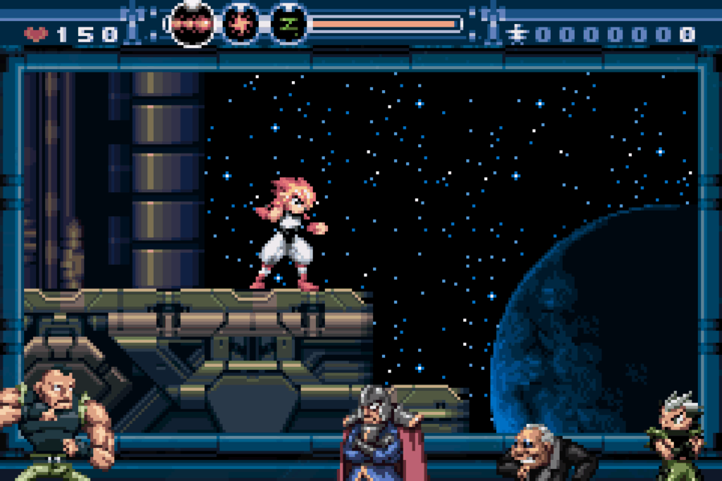 G-Arc, the last stage in Gunstar Super Heroes, featuring an overlay with all the bosses