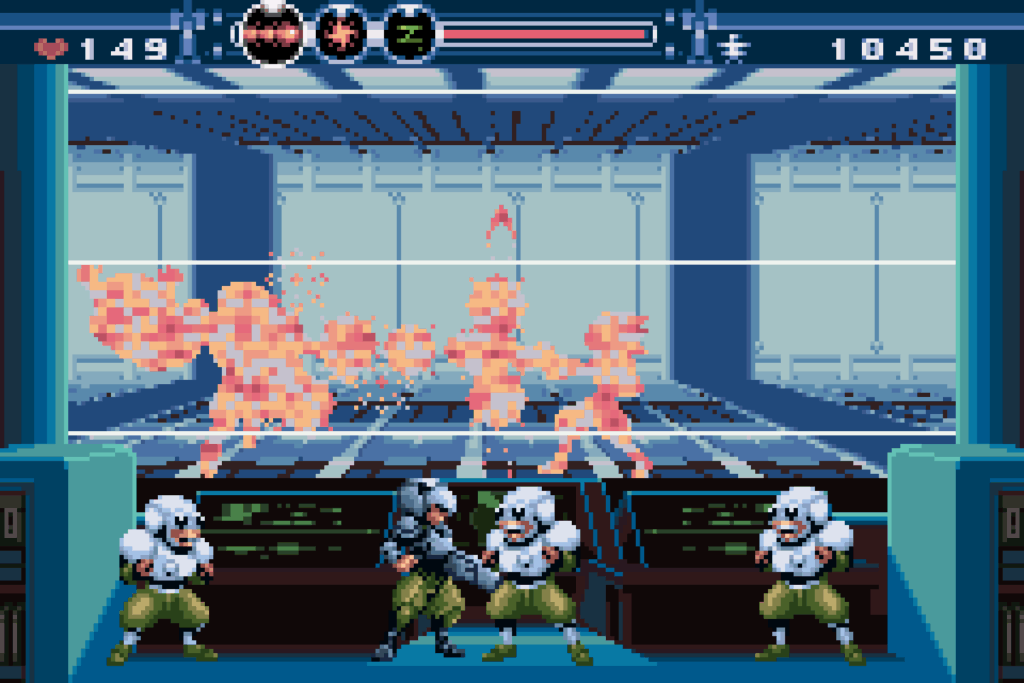 A hallway full of effect on the first stage of Gunstar Super Heroes