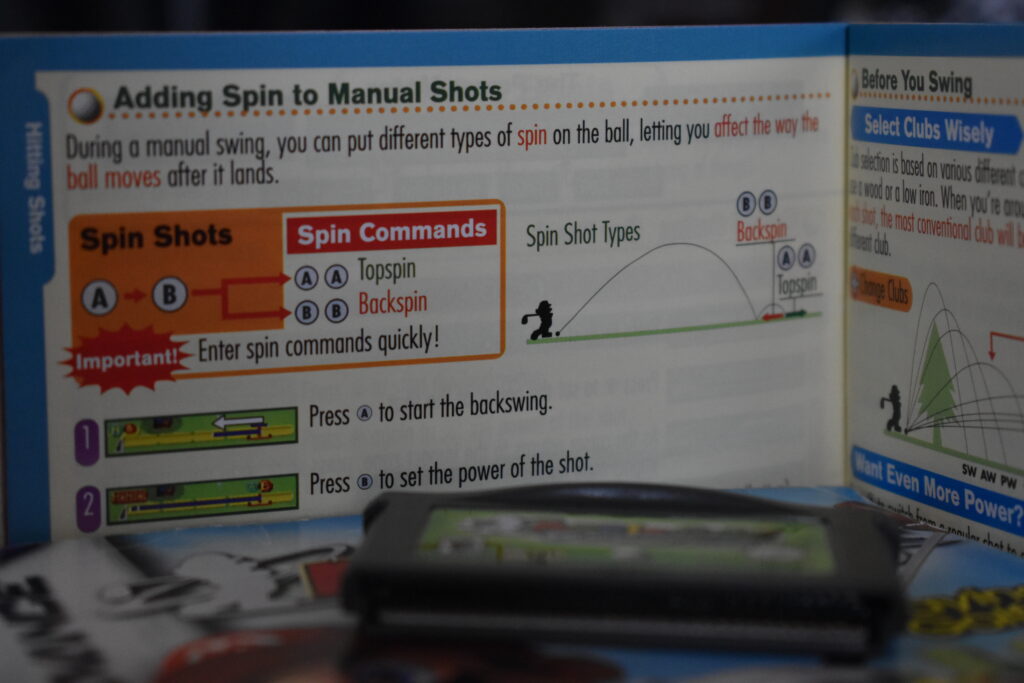 A page of Mario Golf: Advance Tour's manual with instructions on how to perform spin shots