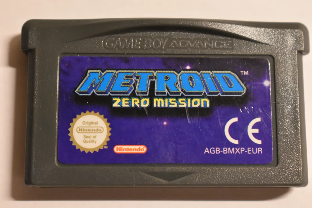 The front side of a Metroid: Zero Mission cart with the label code visible